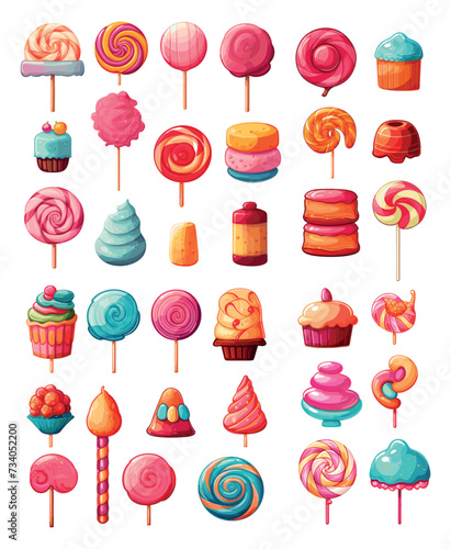 Candies and sweets, fantasy chocolate and waffle tubes, lollipop, sugar caramel, twisted marshmallow on stick and gums. Splendid cartoon vector set of deliciousness, isolated on white background