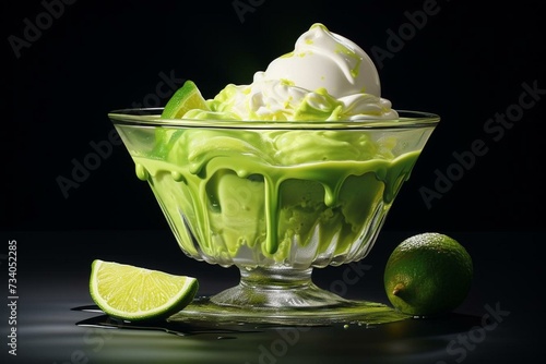 Realistic image of melting lime ice cream in a glass bowl. Generative AI