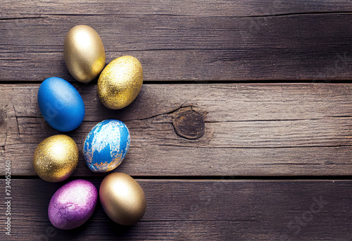 Colorful Easter Eggs on Wooden Background Top View