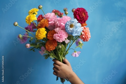 child's hand holds out a cheerful, multi colored bouquet of flowers against a vibrant blue background, as a sweet Mother's Day gesture