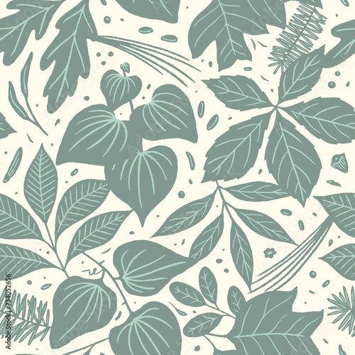 Seamless vector pattern with Appalachian Mountains native plants including ginseng, wild yam, hickory, white pine, hemlock, Douglas fir, tulip poplar, smilax, oak, sumac, and blueberry. 