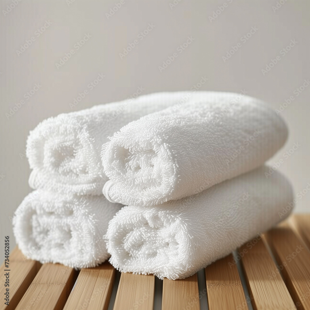 White Rolled Towels Stack in Clean Bathroom or Sauna Setting. White Rolled Towels Stack in Clean Bathroom or Sauna Setting.