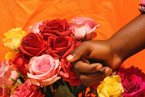 In a vivid display of color, an African American kid's hand tenderly holds a bouquet of multi hued roses against an orange backdrop photo