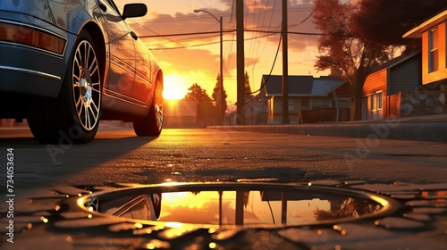 classic car parked on a street at sunset with reflections on wet pavement