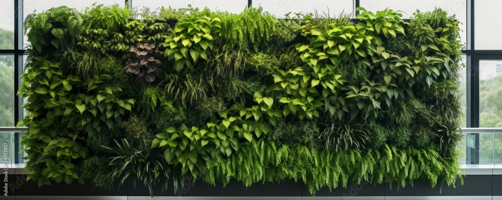 Green living wall with perennial plants in modern office. Urban gardening landscaping interior design. Fresh green vertical plant wall inside office Green living wall with perennial plants in modern office. Urban gardening landscaping interior design. Fresh green vertical plant wall inside office