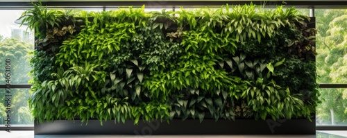 Green living wall with perennial plants in modern office. Urban gardening landscaping interior design. Fresh green vertical plant wall inside office © kanesuan