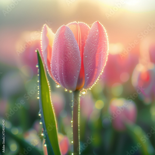 Single Tulip Close-Up with Dew Drops - Detailed Focus on a Dew-Kissed Petal Against a Soft Focus Field in Morning Light, Delicate Nature Beauty