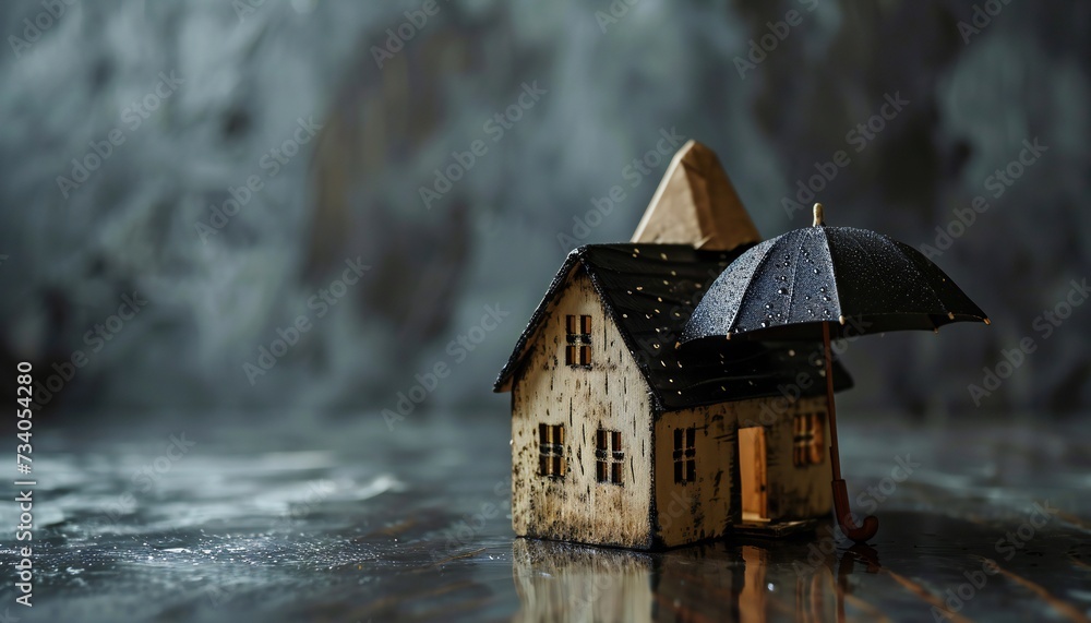 Small Wooden House under Umbrella for Home Insurance Concept