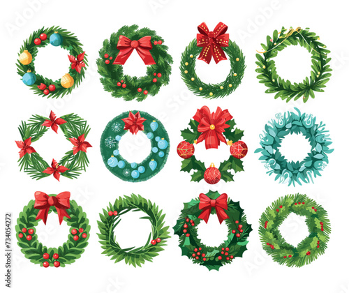 Christmas door wreaths illustration. Decor from spruce branch with happy new year decorations, toys, ribbon, bow, tinsel, for winter holidays. Vector set isolated on white background