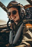 Thrilled female pilot inside the military aircraft
