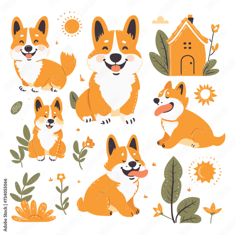 Corgi dog phoenician art stickers set. Naive charm in captivating visual storytelling style. Light orange and white hues, doodles and lines details, vector illustration isolated on white background Corgi dog phoenician art stickers set. Naive charm in captivating visual storytelling style. Light orange and white hues, doodles and lines details, vector illustration isolated on white background