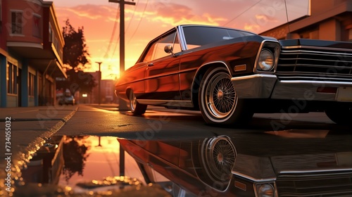 classic car parked on a street at sunset with reflections on wet pavement © Ruslan