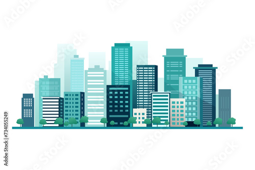 Urban landscape with tall skyscrapers  offices  houses  shops and trees. A well-maintained modern city. Cityscape. Vector illustration of a city landscape.