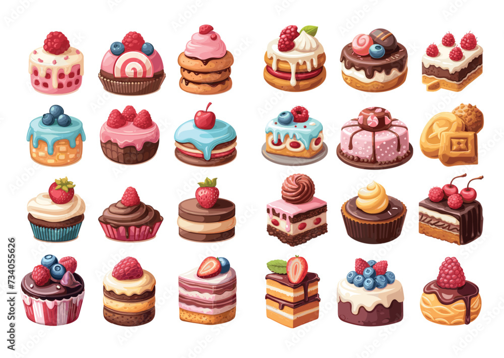 Desserts in cartoon style, bright large set. Trendy colors, eclairs, macaroons, tiramisus, cupcakes, tarts, panna cotta, candy cakes, mousses, millie, brownies, cheesecake, strudel, biscuit rolls Desserts in cartoon style, bright large set. Trendy colors, eclairs, macaroons, tiramisus, cupcakes, tarts, panna cotta, candy cakes, mousses, millie, brownies, cheesecake, strudel, biscuit rolls