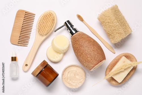 Bath accessories. Different personal care products on white background  flat lay