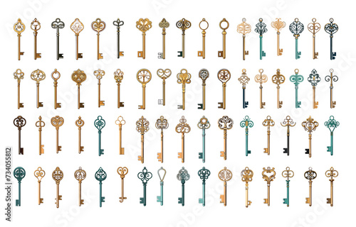 Door keys with fancy shape, large vector set. Magic patterns, variety of things for opening locks, elegant design, gaming accessories isolated on white background