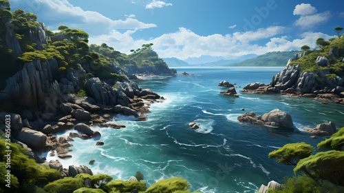 A panoramic view of a secluded cobalt blue ocean cove  surrounded by lush green cliffs