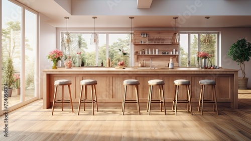 Home kitchen interior with bar counter and seats, cabinet and panoramic window, copy space