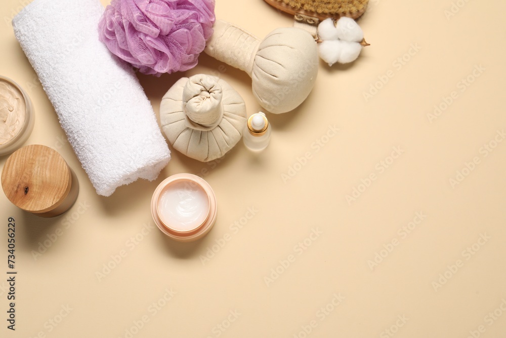 Bath accessories. Flat lay composition with personal care products on beige background, space for text Bath accessories. Flat lay composition with personal care products on beige background, space for text