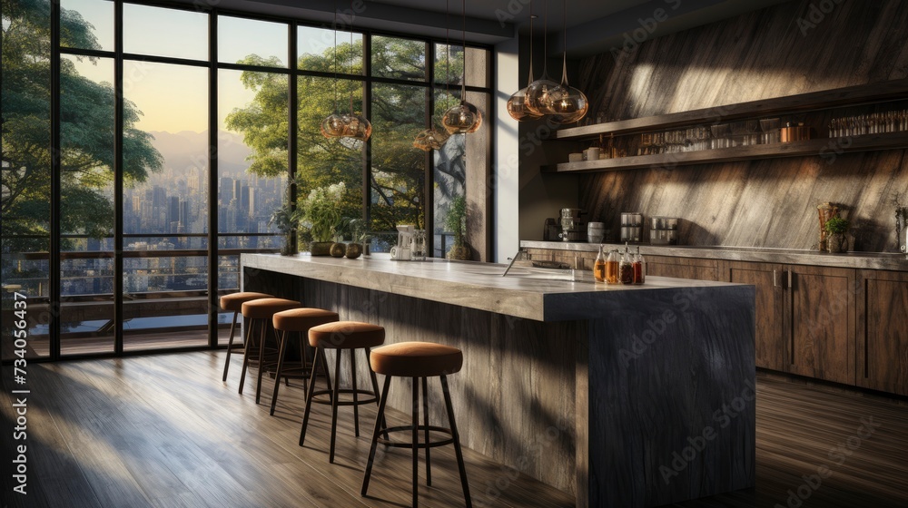 Home kitchen interior with bar counter and seats, cabinet and panoramic window, copy space