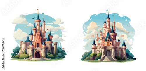 Fairy tale castle cartoon set. Architecture with clouds, trees, and magic against dreamy sky, whimsical kingdom illustrations isolated on white background photo