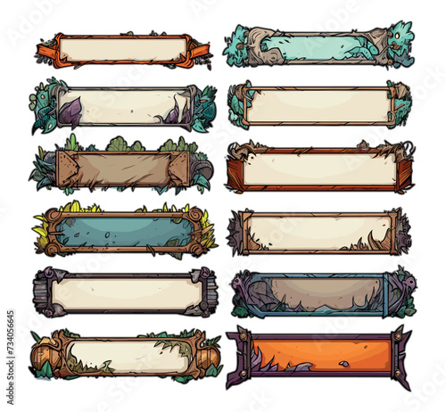 Fancy frames in cartoon style with empty space for text. Elements of stones, flora, mythical and magical spell accessories, for game design, iconic assets, vector set isolated on white background