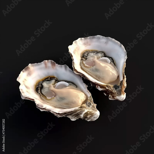 Illustration of seafood products. Large, fresh, open oysters on a black background. Restaurant menu, homemade food. Healthy food.