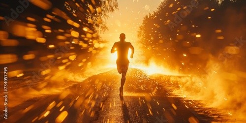 A Determined Man Races Towards Success As Golden Evening Rays Illuminate Him. Concept Ambitious Pursuits, Golden Hour Glow, Racing Towards Success photo