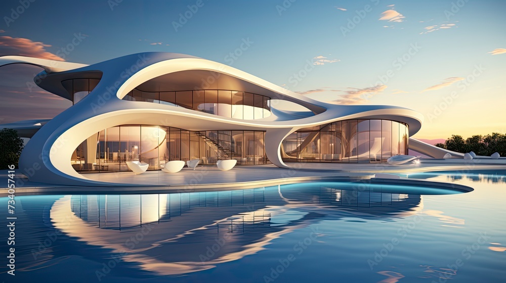 Modern building with wavy futuristic design, low angle view of abstract curve lines and sky. Geometric facade with glass and steel Modern building with wavy futuristic design, low angle view of abstract curve lines and sky. Geometric facade with glass and steel