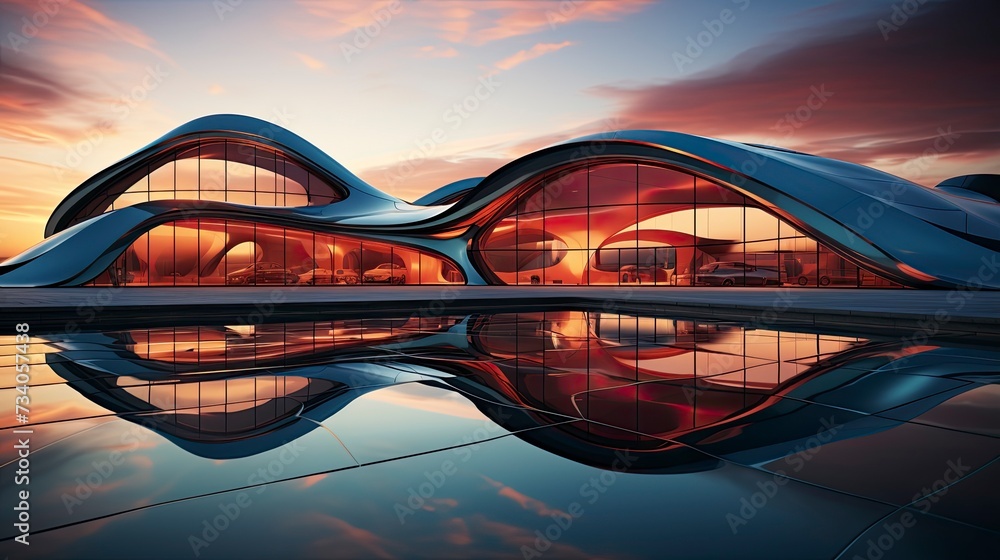 Obraz premium Modern building with wavy futuristic design, low angle view of abstract curve lines and sky. Geometric facade with glass and steel
