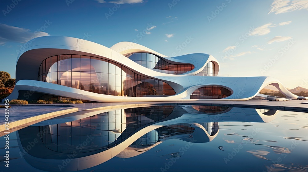 Modern building with wavy futuristic design, low angle view of abstract curve lines and sky. Geometric facade with glass and steel Modern building with wavy futuristic design, low angle view of abstract curve lines and sky. Geometric facade with glass and steel