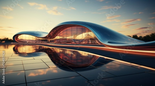 Modern building with wavy futuristic design, low angle view of abstract curve lines and sky. Geometric facade with glass and steel