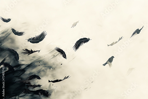 black feathers in the sky above white background in t