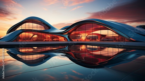 Modern building with wavy futuristic design, low angle view of abstract curve lines and sky. Geometric facade with glass and steel