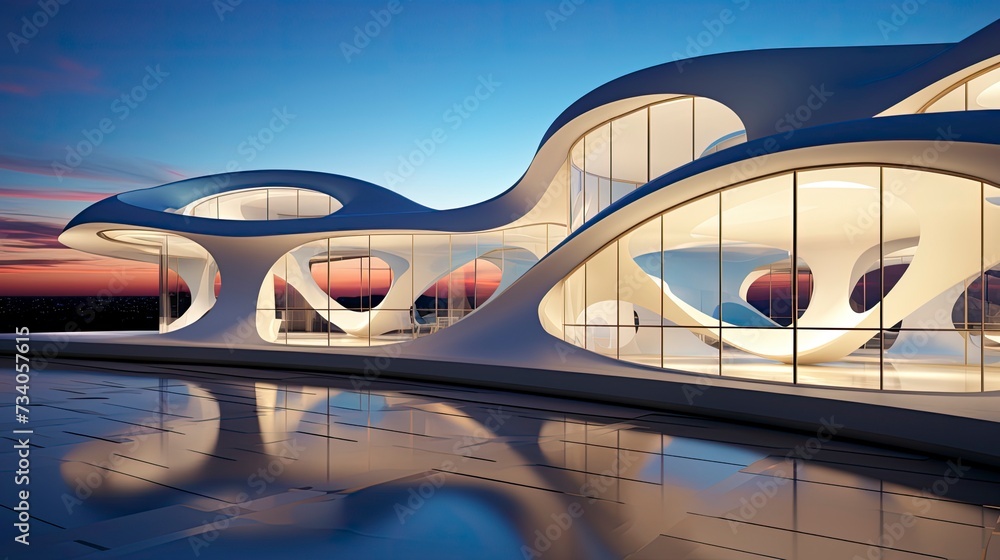 Modern building with wavy futuristic design, low angle view of abstract curve lines and sky. Geometric facade with glass and steel Modern building with wavy futuristic design, low angle view of abstract curve lines and sky. Geometric facade with glass and steel