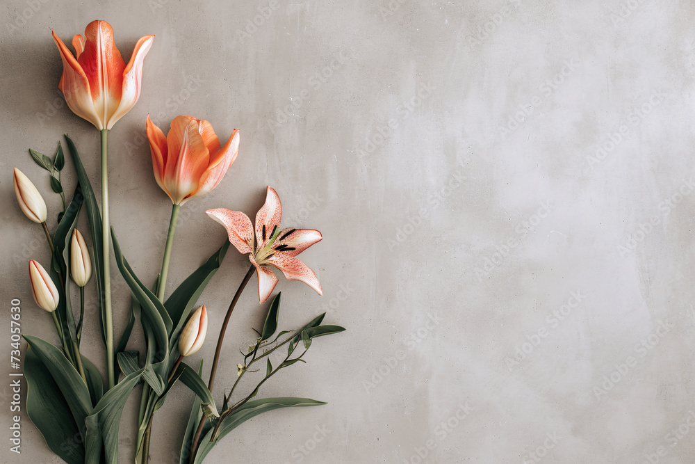 Artistic composition of orange tulips and a pink lily against a textured grey backdrop, evoking a modern, minimalist aesthetic.
