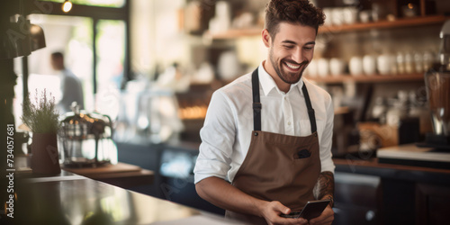 Smiling Barista in Apron, a Portrait of a Happy Person Standing in Indoor Cafe, Holding Tablet and Providing Excellent Service in Small Business Restaurant.