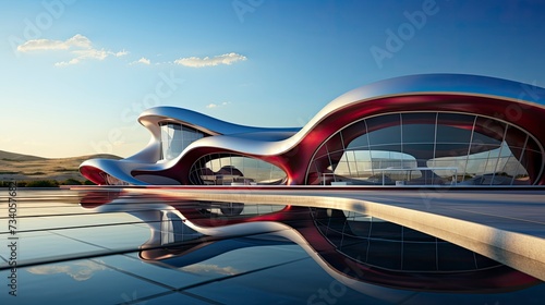 Modern building with wavy futuristic design, low angle view of abstract curve lines and sky. Geometric facade with glass and steel © kanesuan