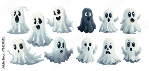Ghosts characters in cartoon style. Funny poltergeists, suspicious, frightened, scary. Accessories for illustrations and halloween. Vector pack isolated on white background