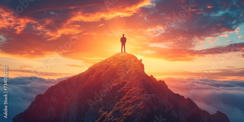 A Man Stands Atop A Mountain, Basking In The Sunsets Glow, Symbolizing Leadership And Achievement. Concept Mountain Summit Success, Sunset Leadership, Achievement Symbolism