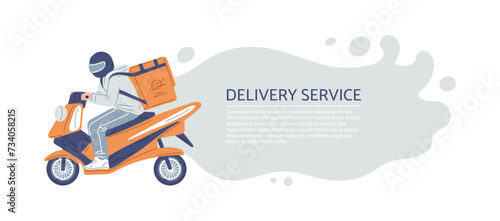 Courier on a motorcycle with a delivery box backpack, delivery service vector cartoon landing page, fresh food shipping