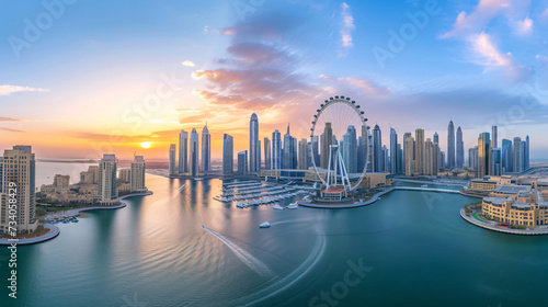 Panoramic aerial view of Dubai Marina skyline.