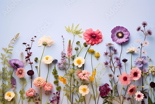 High-resolution capture of assorted wildflowers on a pastel surface, designed for seamless text incorporation.