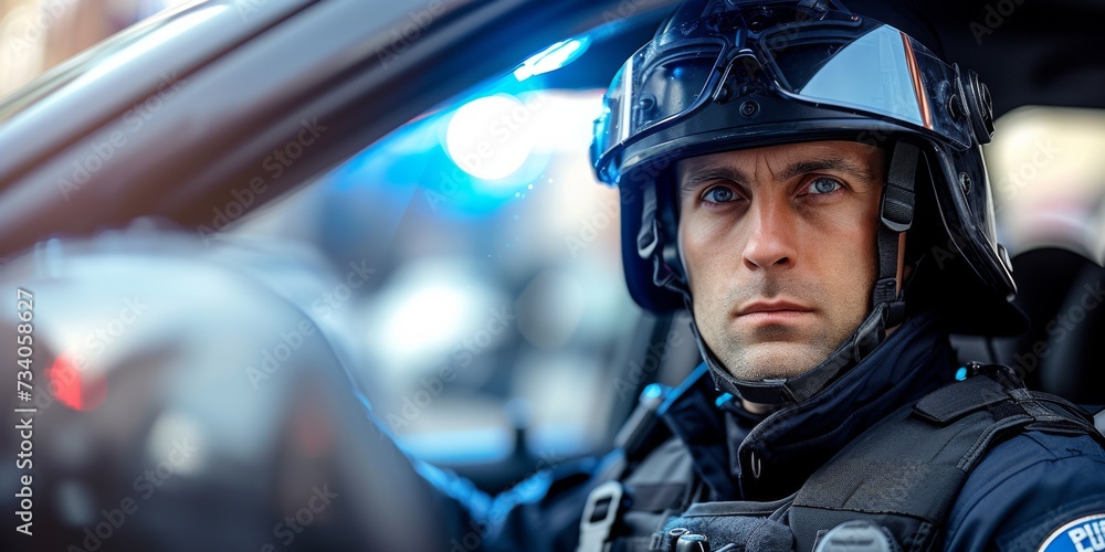 A Police Officer Ready For Duty, Standing By In A Patrol Car Wearing Protective Gear. Concept Police Officer, Ready For Duty, Patrol Car, Protective Gear, Law Enforcement