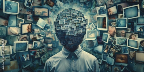 A Persons Mind Is Overflowing With Data, Media, News, And Social Media Addiction. Concept Mental Overload, Information Overload, Media Addiction, Social Media Obsession, Mindful Disconnect