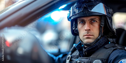 A Police Officer Ready For Duty, Standing By In A Patrol Car Wearing Protective Gear. Concept Police Officer, Ready For Duty, Patrol Car, Protective Gear, Law Enforcement © Ян Заболотний