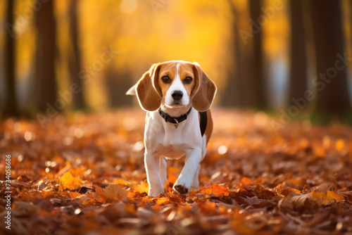 Happy Beagle: A Cute Brown Dog Sitting in a Sunny Autumn Park © SHOTPRIME STUDIO