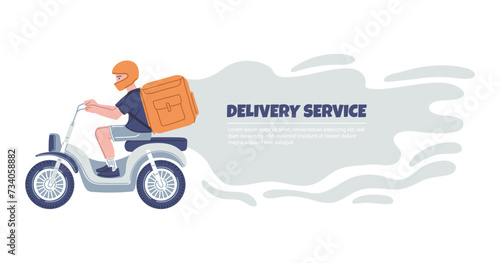 Courier on a motorcycle with a orange delivery box backpack, fresh food shipping, delivery service vector landing page