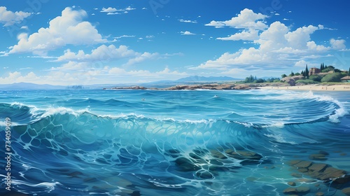 A panoramic view of a serene cobalt blue ocean, with a distant sailboat gliding peacefully on the horizon
