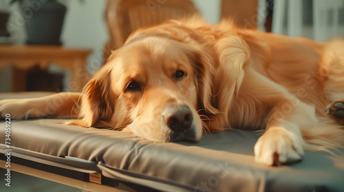 Relaxed dog laying on bed, serene atmosphere